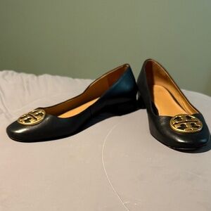 Tory Burch Black Flats with Gold Logo
